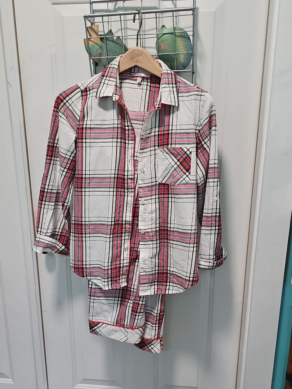 Victoria's Secret White and Pink Plaid Womens Pajama Set Size S Flannel